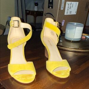 Nine West Yellow Suede Ankle-Strap Block Heels